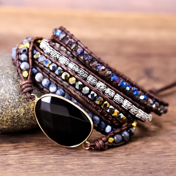 Boho Black Obsidian Leather & Natural Gemstones Wrap Bracelet - Picture 6 of 8